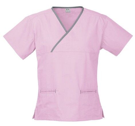 Contrast Crossover Scrubs Top Ladies Baby Pink/Pewter