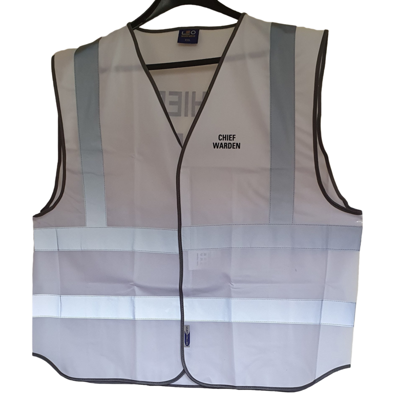 Hi Vis White Chief Warden Vest Front and Rear Two Line Print