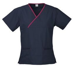 Contrast Crossover Scrubs Top Ladies Navy/Fuchsia